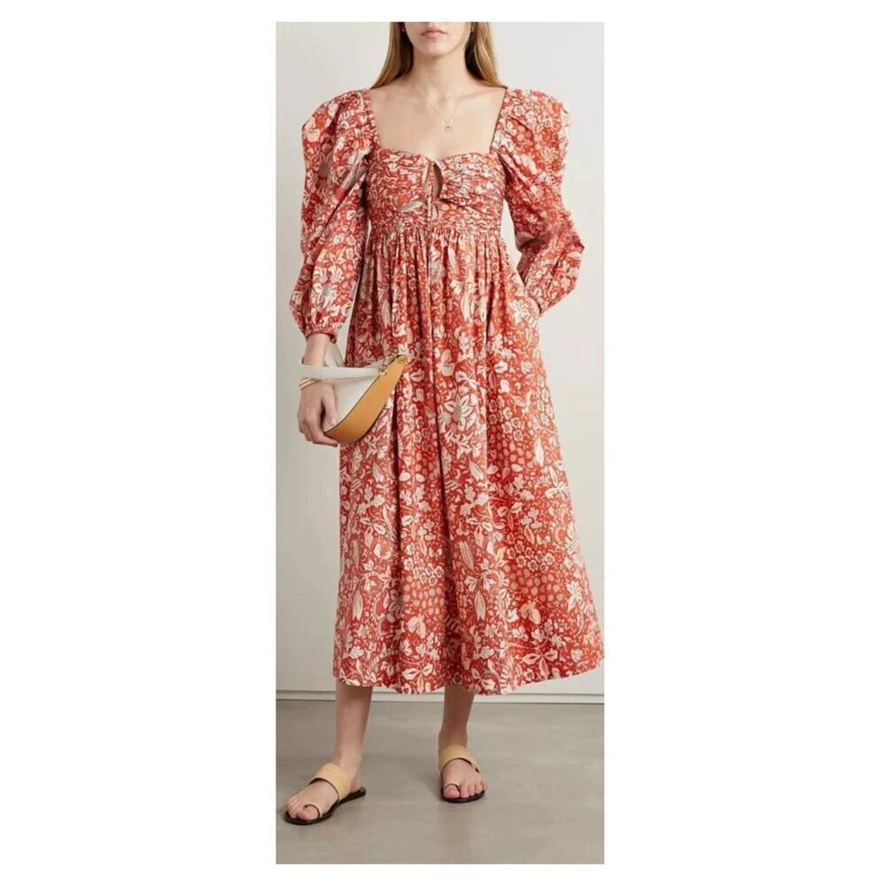 ULLA JOHNSON Alessa Floral Balloon Sleeve Cotton Midi Dress Size 0